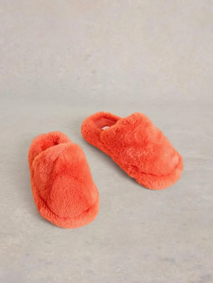 Women Faux Fur Mule Slippers Mid Coral White Stuff Nightwear