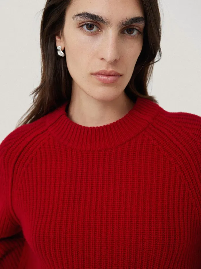 Women Fishermans Rib Crew Jumper Red Jigsaw Knitwear and Cashmere