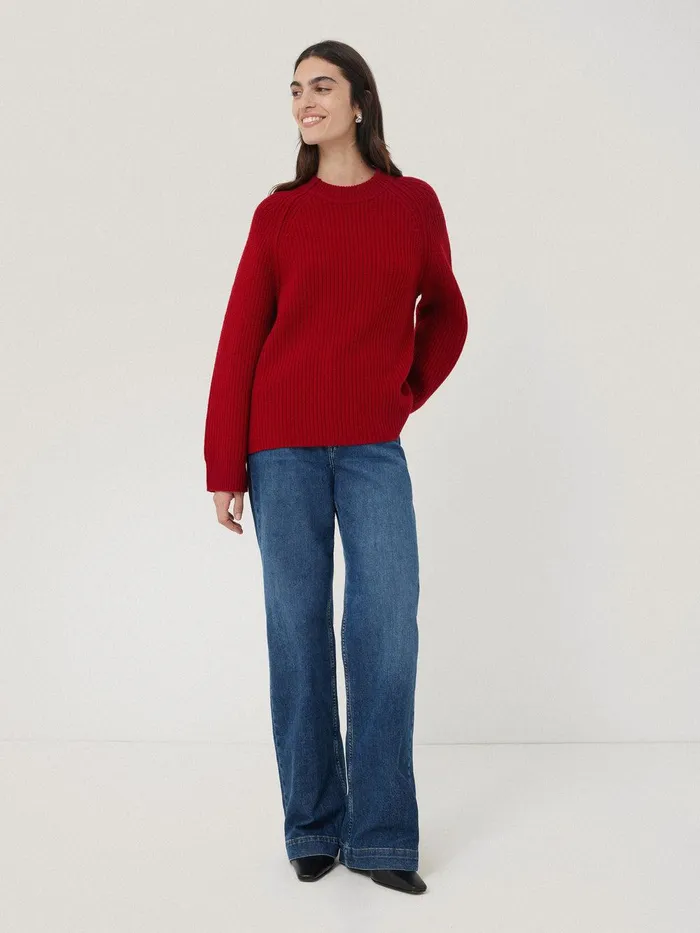 Women Fishermans Rib Crew Jumper Red Jigsaw Knitwear and Cashmere