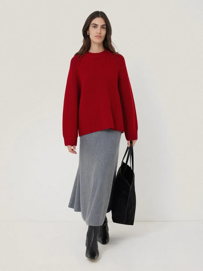 Women Fishermans Rib Crew Jumper Red Jigsaw Knitwear and Cashmere