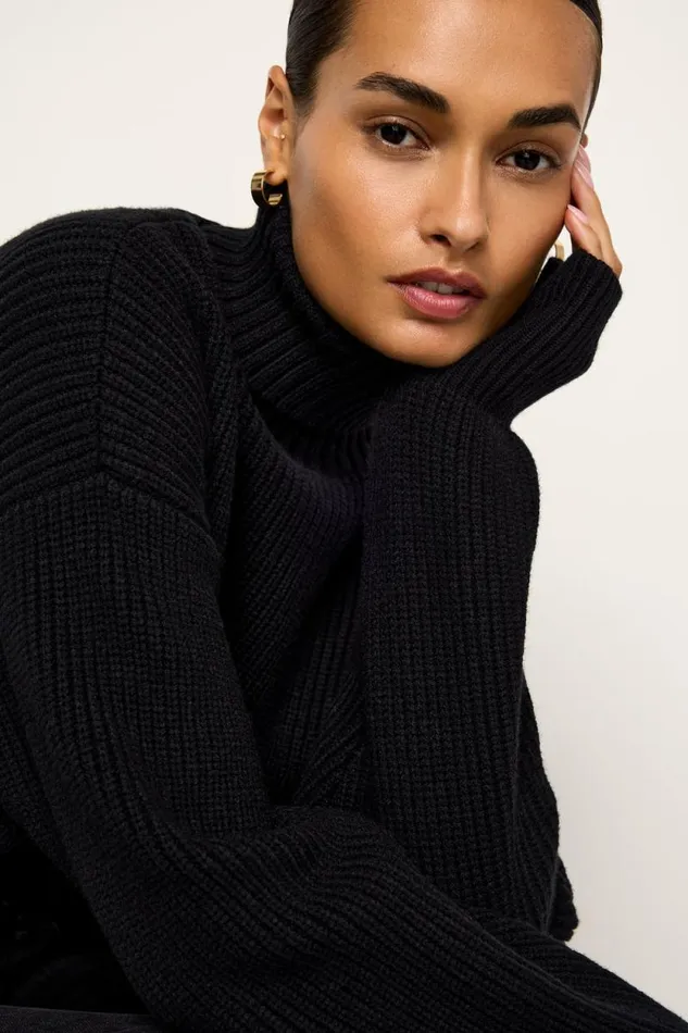 Women GOOD AMERICAN Tops COZY RIBBEDTURTLENECK Black001
