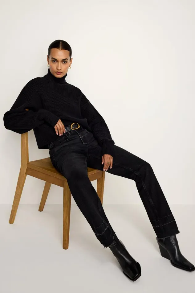 Women GOOD AMERICAN Tops COZY RIBBEDTURTLENECK Black001
