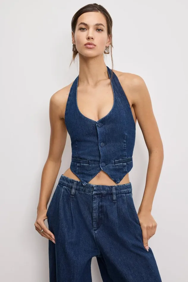 Women GOOD AMERICAN Tops DENIM HALTERVEST Indigo724