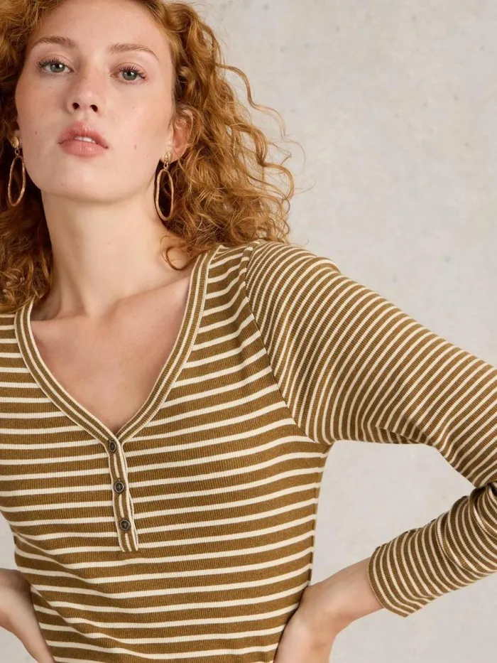 Women HALLEY RIB STRIPE HENLEY Chartreuse Multi White Stuff Tops and Tees