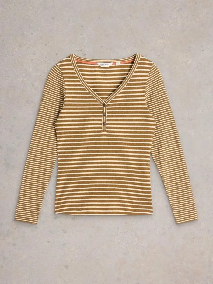 Women HALLEY RIB STRIPE HENLEY Chartreuse Multi White Stuff Tops and Tees