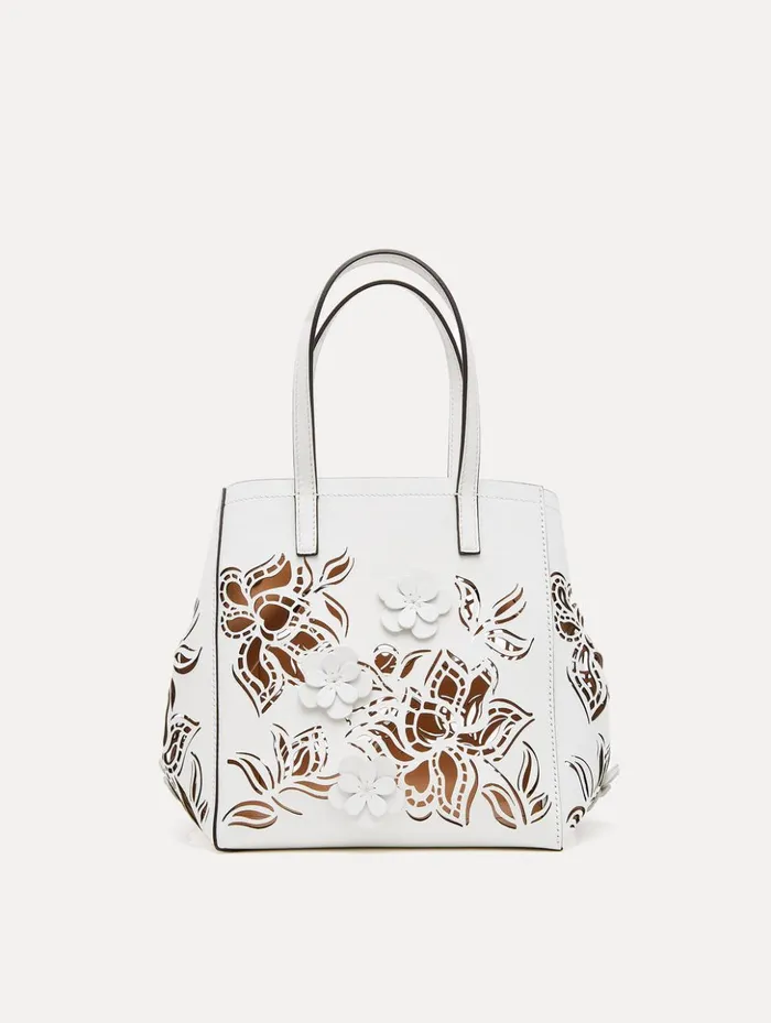 Women Handbags Oscar De La Renta Small Laser Cut Floral Square Tote Ivory