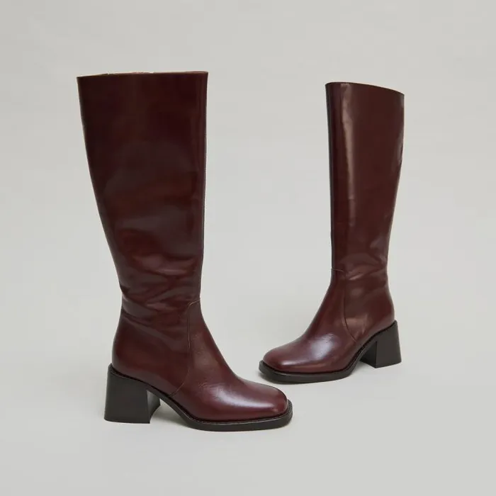 Women Heeled Boots With Squared Toes Brown JONAK Boots Thighhigh Boots