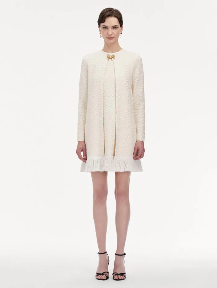 Women Jackets and Coats Oscar De La Renta Bow Button Sequin Tweed Coat Ivory Gold