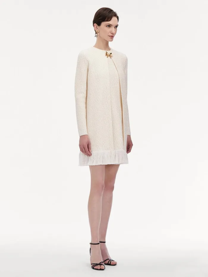 Women Jackets and Coats Oscar De La Renta Bow Button Sequin Tweed Coat Ivory Gold