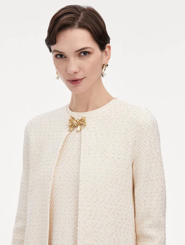 Women Jackets and Coats Oscar De La Renta Bow Button Sequin Tweed Coat Ivory Gold