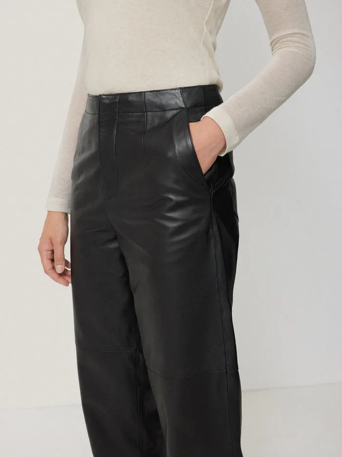 Women Leather Barrel Leg Trouser Black Jigsaw Party