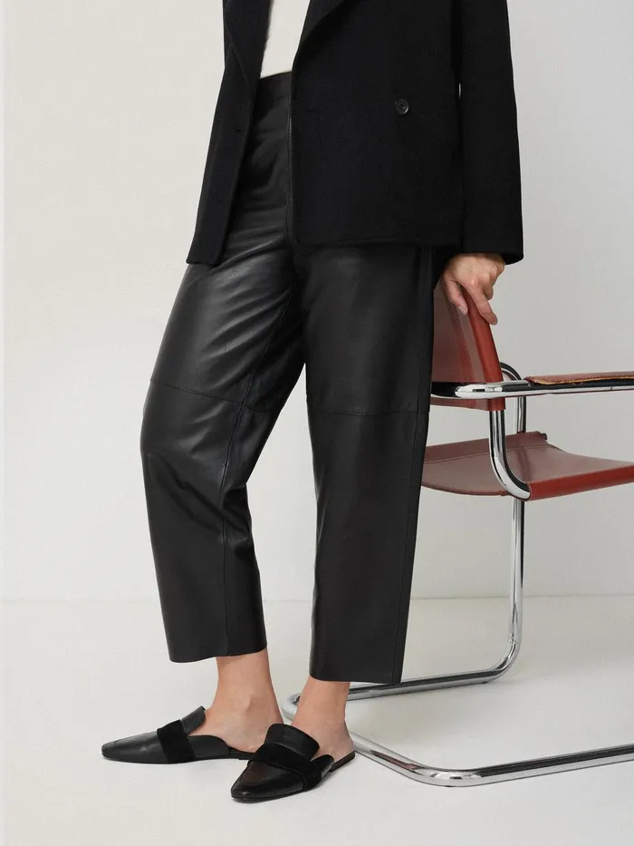 Women Leather Barrel Leg Trouser Black Jigsaw Party