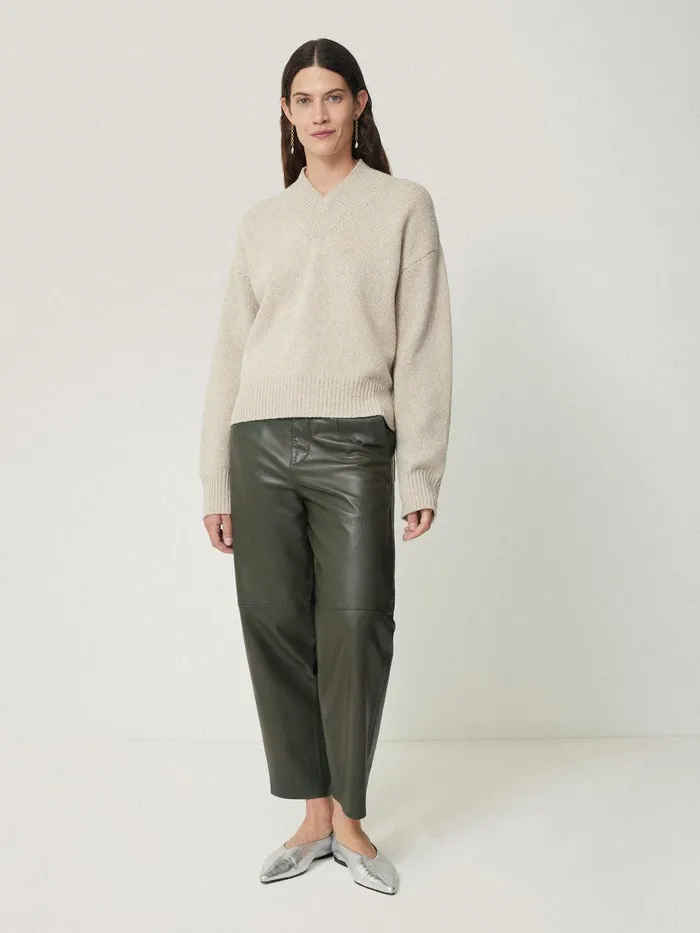 Women Leather Barrel Leg Trouser Green Jigsaw Party