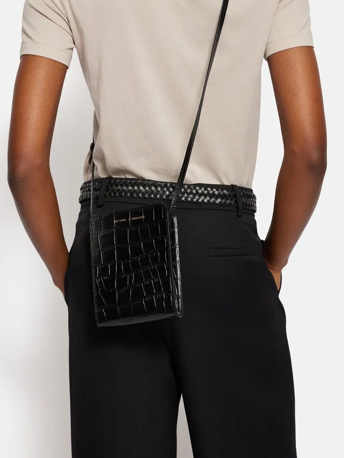 Women Leather Crossbody Phone Bag Black Jigsaw Wallets and Card Holders