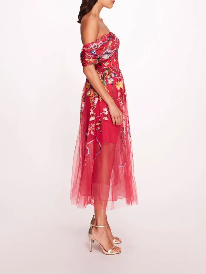 Women Marchesa Marchesa Notte Ribbons Midi Dress Fuchsia