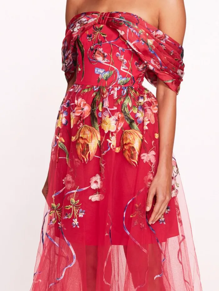 Women Marchesa Marchesa Notte Ribbons Midi Dress Fuchsia