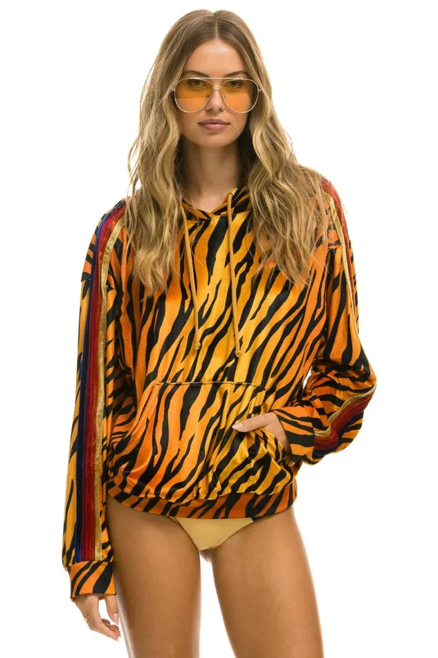 WomenMen Tops Aviator Nation CLASSIC VELVET RELAXED PULLOVER HOODIE 8211 TIGER