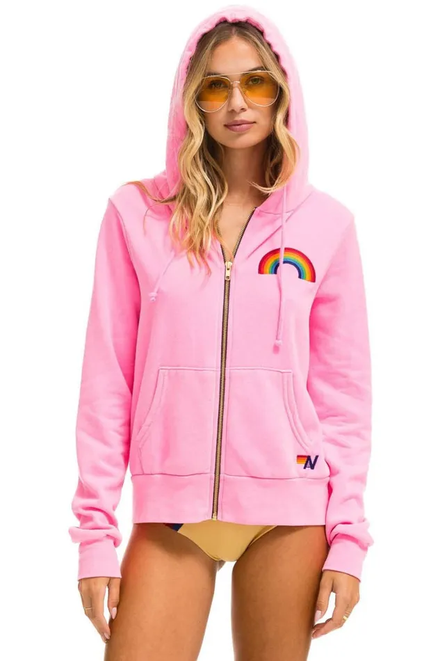 WomenMen Tops Aviator Nation RAINBOW EMBROIDERY HOODIE 8211 NEON PINK
