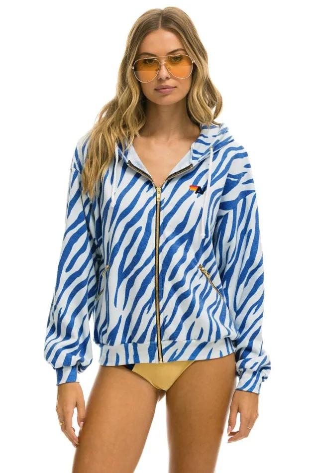WomenMen Tops Aviator Nation TIGER RELAXED ZIP HOODIE WITH POCKETS 8211 BLUE TIGER