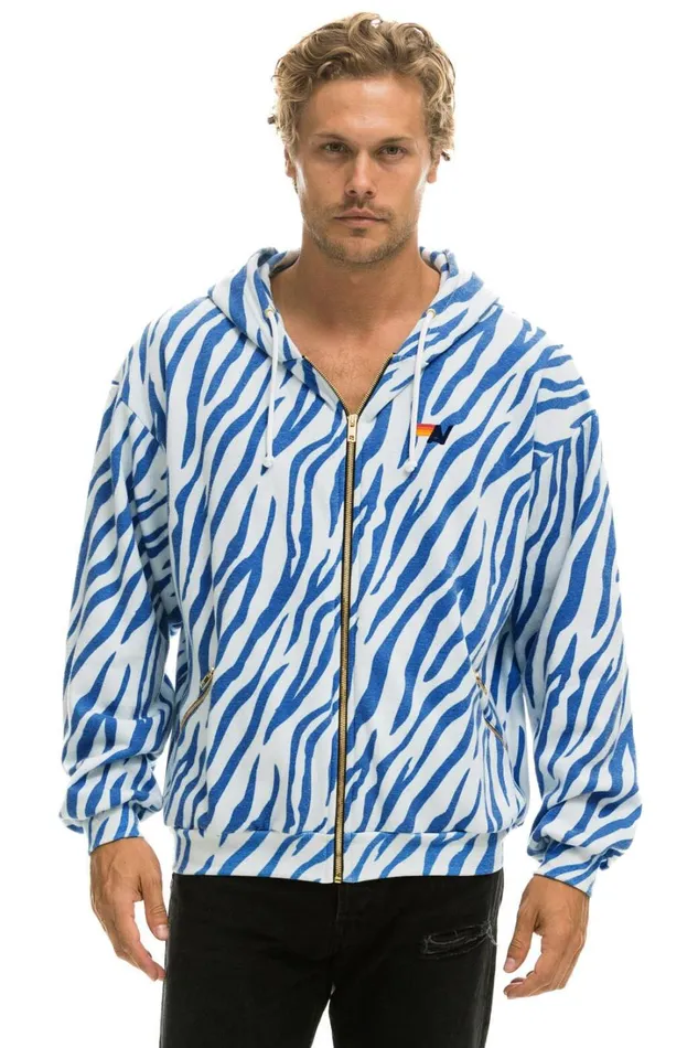 WomenMen Tops Aviator Nation TIGER RELAXED ZIP HOODIE WITH POCKETS 8211 BLUE TIGER WomenMen Tops Aviator Nation TIGER RELAXED ZIP HOODIE WITH POCKETS 8211 BLUE TIGER