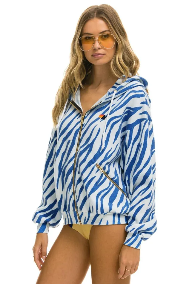 WomenMen Tops Aviator Nation TIGER RELAXED ZIP HOODIE WITH POCKETS 8211 BLUE TIGER WomenMen Tops Aviator Nation TIGER RELAXED ZIP HOODIE WITH POCKETS 8211 BLUE TIGER