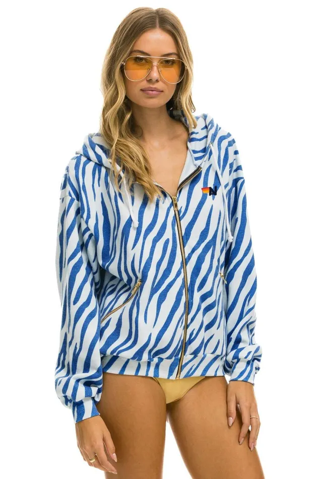 WomenMen Tops Aviator Nation TIGER RELAXED ZIP HOODIE WITH POCKETS 8211 BLUE TIGER WomenMen Tops Aviator Nation TIGER RELAXED ZIP HOODIE WITH POCKETS 8211 BLUE TIGER