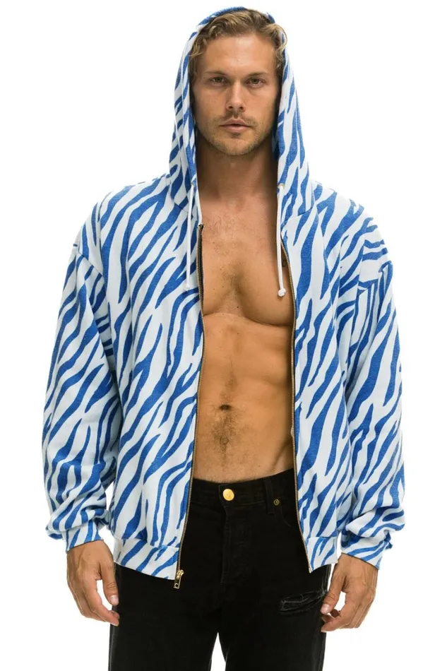WomenMen Tops Aviator Nation TIGER RELAXED ZIP HOODIE WITH POCKETS 8211 BLUE TIGER WomenMen Tops Aviator Nation TIGER RELAXED ZIP HOODIE WITH POCKETS 8211 BLUE TIGER