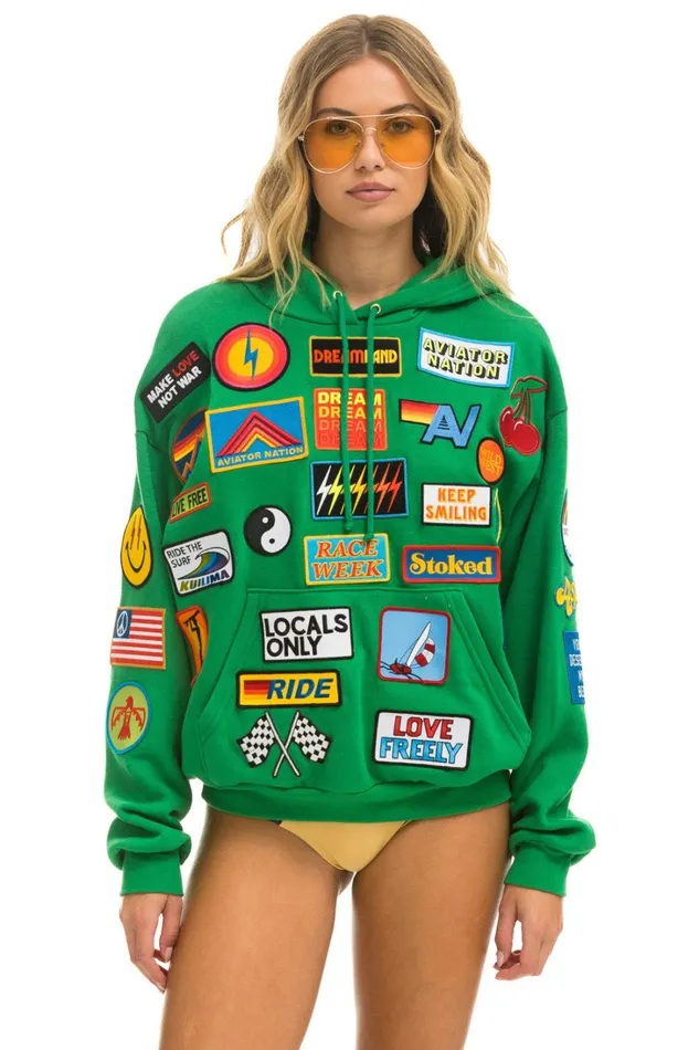 WomenMen Tops Aviator Nation VINTAGE PATCH RELAXED PULLOVER HOODIE KELLY GREEN
