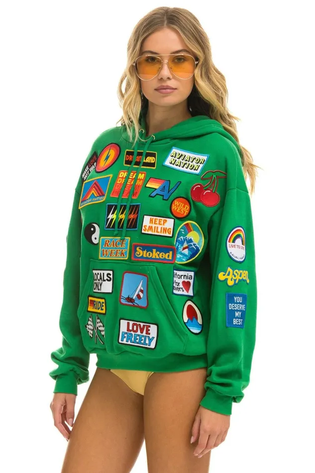 WomenMen Tops Aviator Nation VINTAGE PATCH RELAXED PULLOVER HOODIE KELLY GREEN