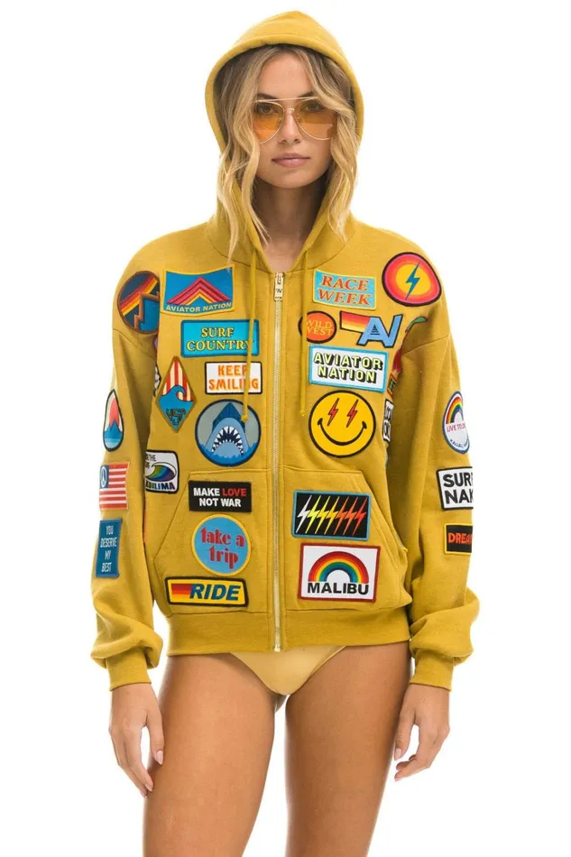 WomenMen Tops Aviator Nation VINTAGE PATCH ZIP HOODIE RELAXED 8211 KHAKI
