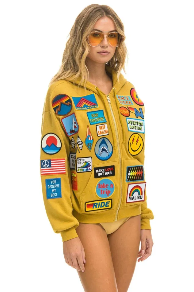 WomenMen Tops Aviator Nation VINTAGE PATCH ZIP HOODIE RELAXED 8211 KHAKI WomenMen Tops Aviator Nation VINTAGE PATCH ZIP HOODIE RELAXED 8211 KHAKI