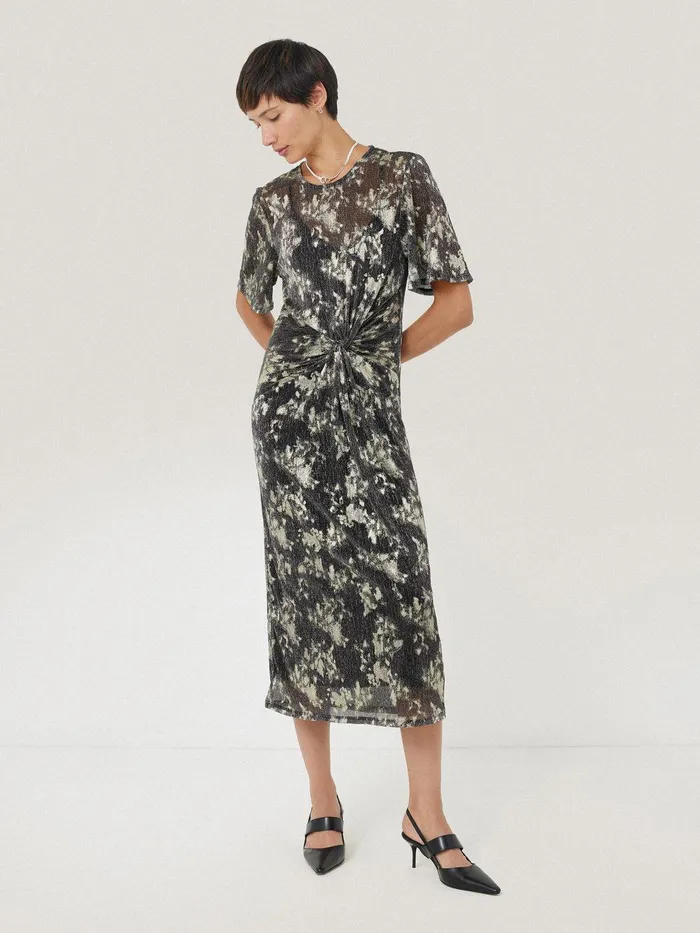 Women Metallic Knot Front Dress Gold Jigsaw Party