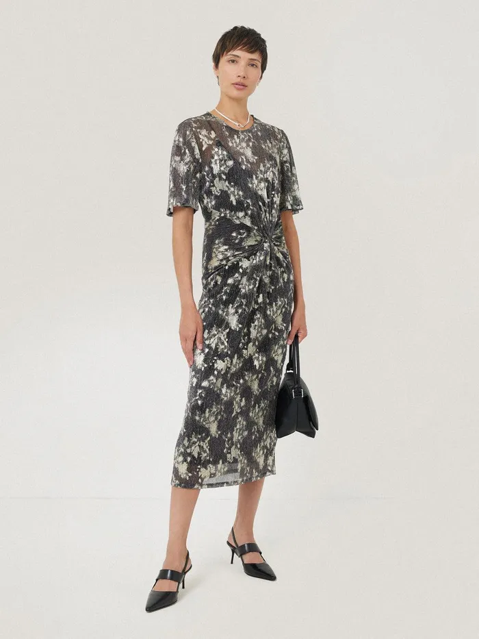 Women Metallic Knot Front Dress Gold Jigsaw Party