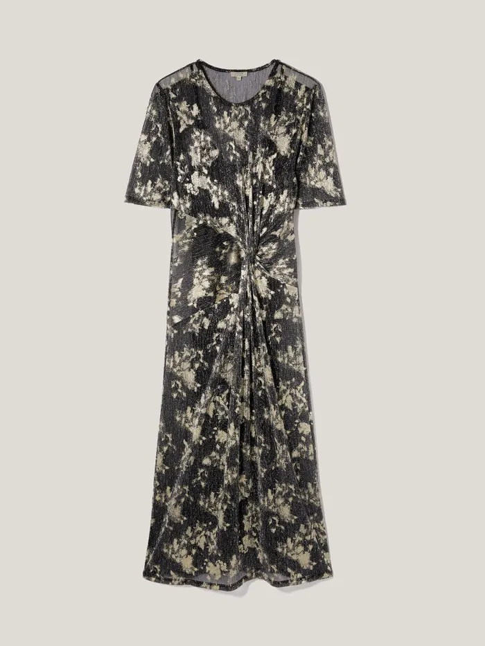 Women Metallic Knot Front Dress Gold Jigsaw Party