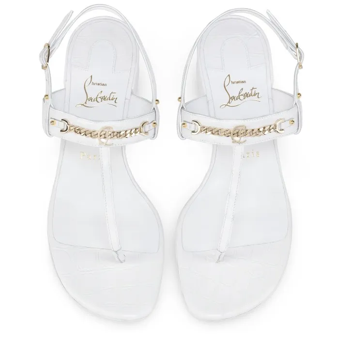 Women MJ Thong 25 Mm Mules 8211 Alligator Embossed Calf Leather 8211 White Christian Louboutin Flats and Loafers