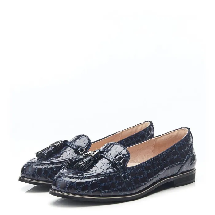 Women Moda In Pelle Brogues And Loafers Evvaa Navy Patent Mocc Croc
