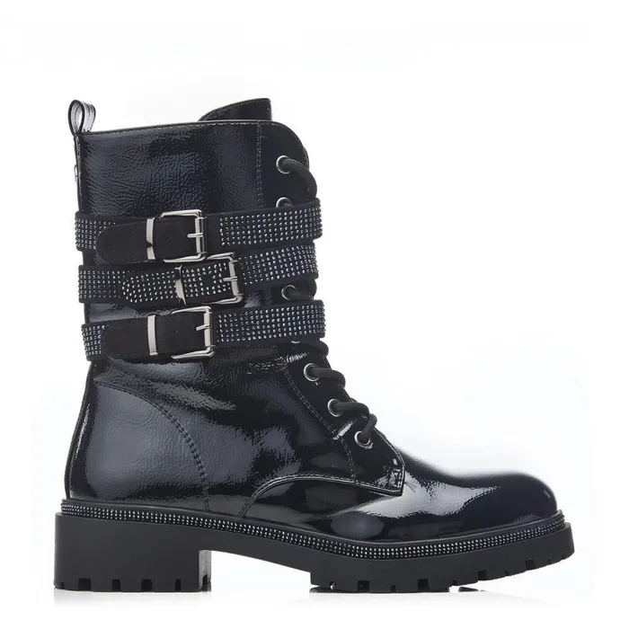 Women Moda In Pelle Chunky Boots Cyrus Black Patent