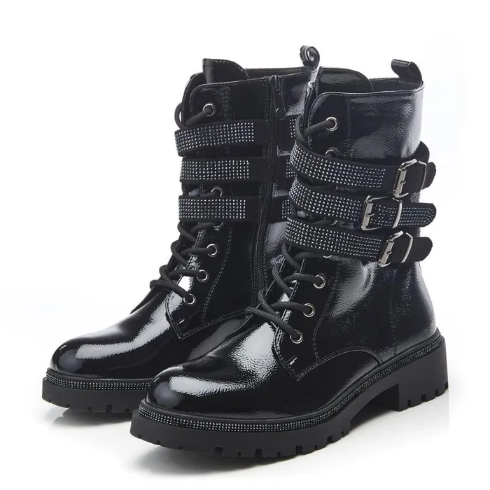 Women Moda In Pelle Chunky Boots Cyrus Black Patent