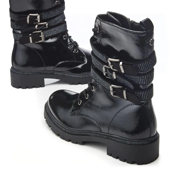 Women Moda In Pelle Chunky Boots Cyrus Black Patent