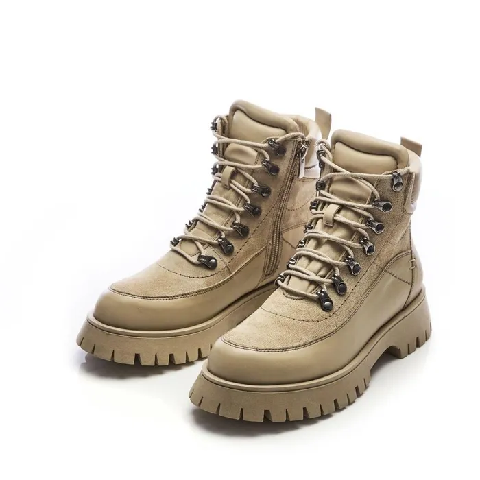 Women Moda In Pelle Chunky Boots Shoon Sh Anello Beige Leather