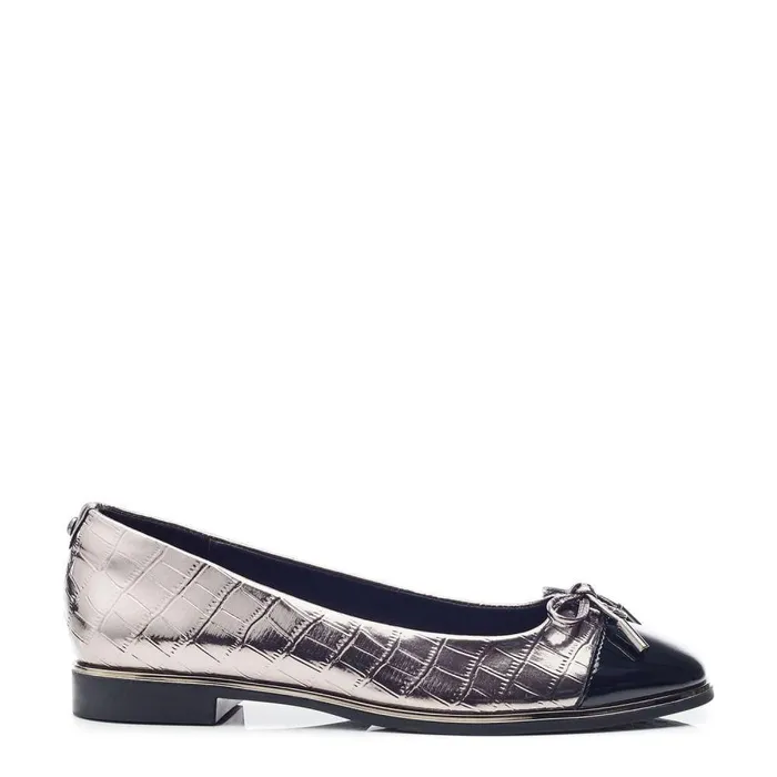 Women Moda In Pelle Flat And Ballerina Shoes Fronton Pewter Patent Mocc Croc