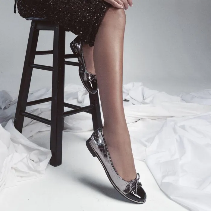 Women Moda In Pelle Flat And Ballerina Shoes Fronton Pewter Patent Mocc Croc