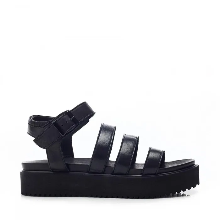 Women Moda In Pelle Flatform Sandals Bsoleful BRocker Black Leather