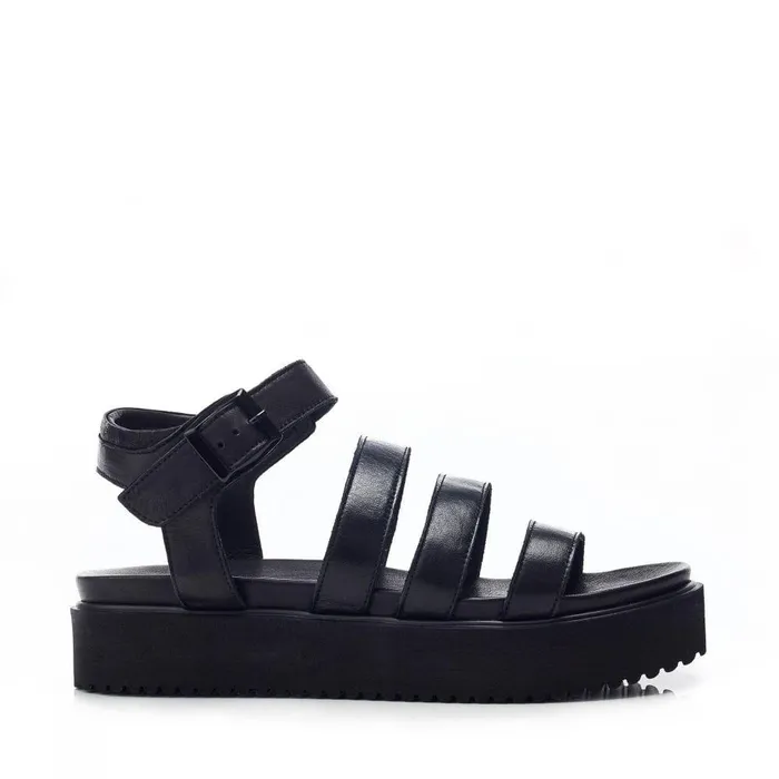 Women Moda In Pelle Flatform Sandals Bsoleful BRocker Black Leather