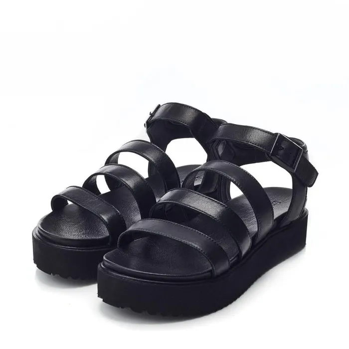 Women Moda In Pelle Flatform Sandals Bsoleful BRocker Black Leather