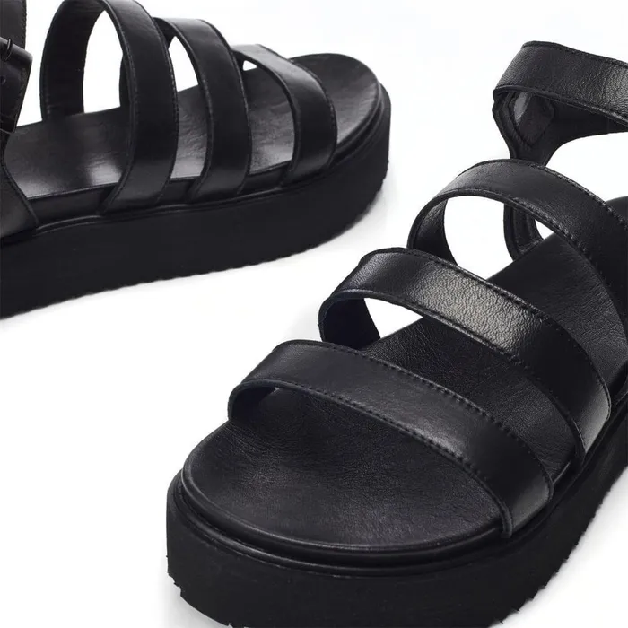 Women Moda In Pelle Flatform Sandals Bsoleful BRocker Black Leather