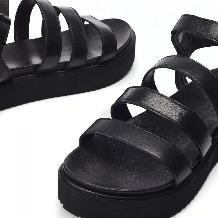 Women Moda In Pelle Flatform Sandals Bsoleful BRocker Black Leather
