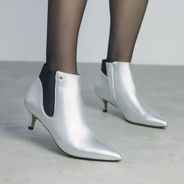 Women Moda In Pelle Heeled And Wedge Boots Qute Silver Leather