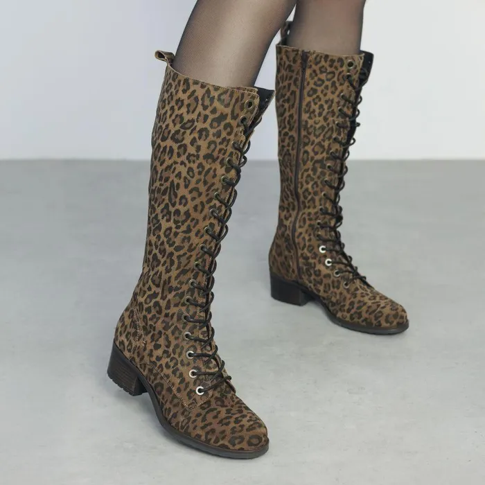 Women Moda In Pelle Knee High Boots Hailey Dark Leopard Suede
