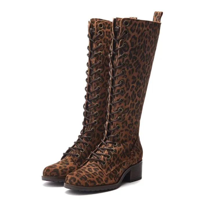 Women Moda In Pelle Knee High Boots Hailey Dark Leopard Suede